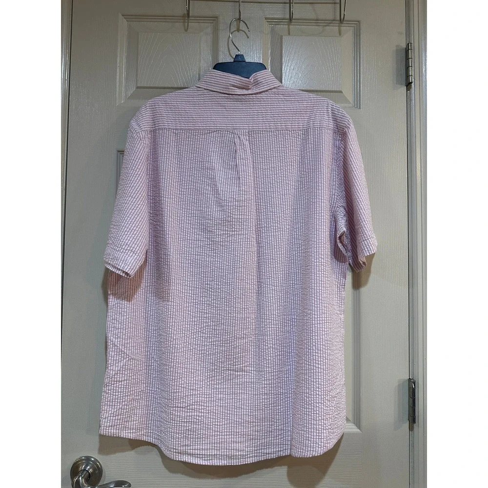 Dockers Mens Seersucker Shirt Pink White Striped Short Sleeve Button Down Large‎